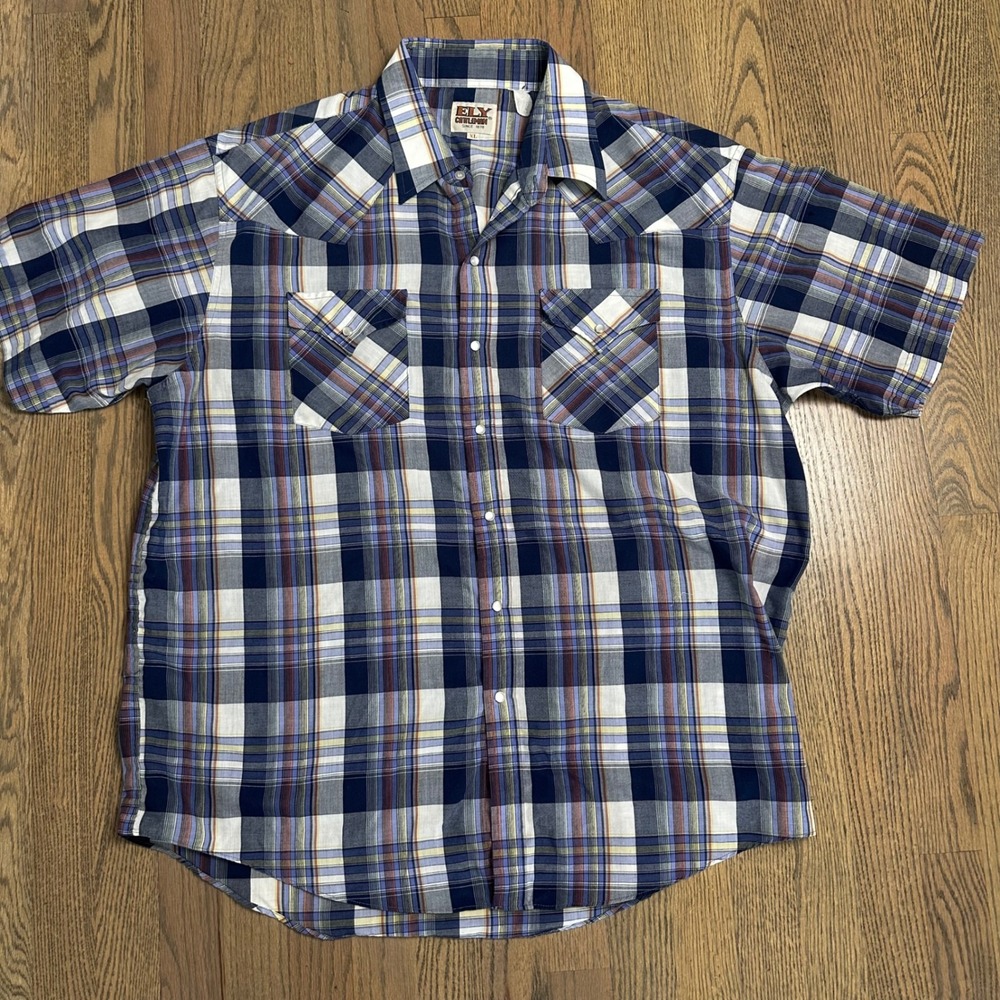 Vtg Ely Cattleman Mens XL‎ Plaid Western Shirt Short Sleeve Pearl Snap Blue